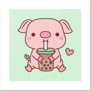 Cute Little Pig Loves Bubble Milk Tea Posters and Art